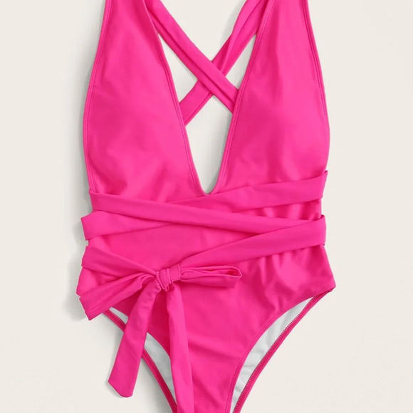Hot Pink Sexy Women's Beach Open Back Self Tie One Piece Swimsuit - Picture 4 of 7